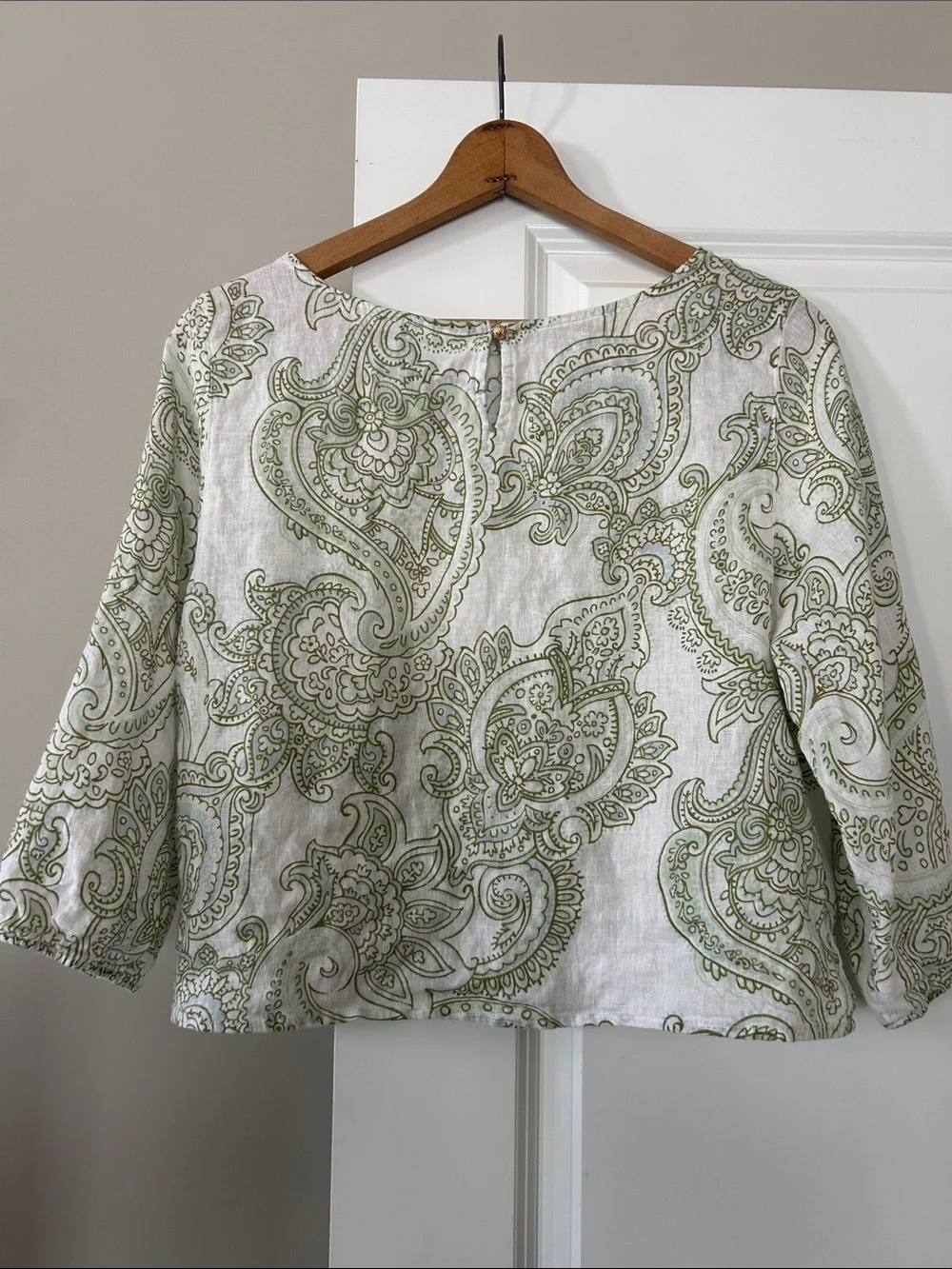 Rachel Zoe Linen Paisley Print Blouse Sz L w MEASUREMENTS Keyhole Back, Cropped